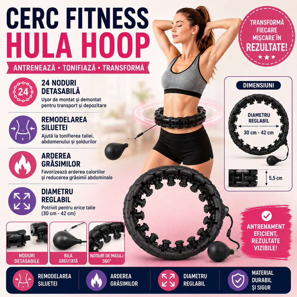 SMARTECH Cerc fitness, Hula Hoop, cu greutate suplimentara detasabila, 24 noduri detasabile, pentru slabire, pentru talie, masaj 360°, file de masaj
