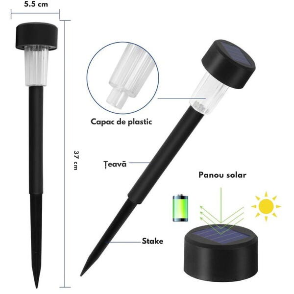 Set 10 lampi solare de gradina, iluminare LED, IP44 pentru alei, terase, spatii exterioare, lumina calda, 37 x 5.5 cm, Negru/ Alb