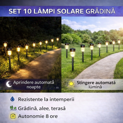 Set 10 lampi solare de gradina, iluminare LED, IP44 pentru alei, terase, spatii exterioare, lumina calda, 37 x 5.5 cm, Negru/ Alb