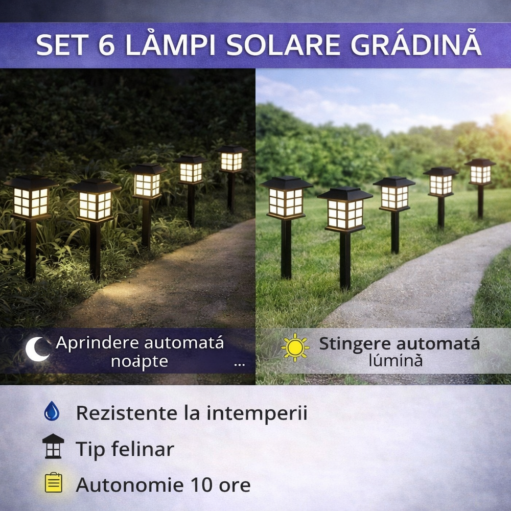 SMARTECH Set 6 lampi solare de exterior pentru gradina, Oprire/Stingere Automata, Cu tarus, Tip felinar, Decorative, Senzor de lumina, Rezistente la apa, Lumina rece