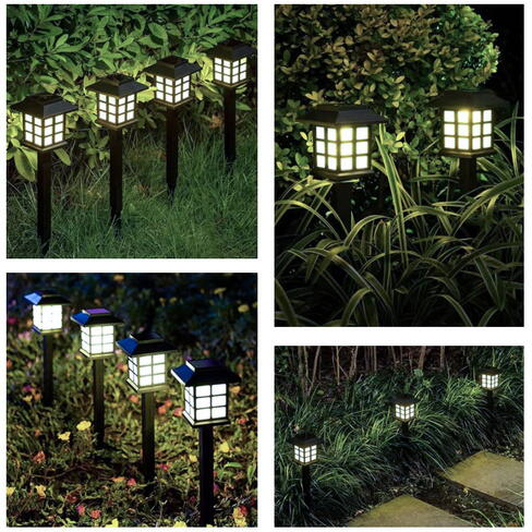 Set 6 lampi solare de exterior pentru gradina, Oprire/Stingere Automata, Cu tarus, Tip felinar, Decorative, Senzor de lumina, Rezistente la apa, Lumina rece