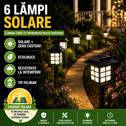 Set 6 lampi solare de exterior pentru gradina, Oprire/Stingere Automata, Cu tarus, Tip felinar, Decorative, Senzor de lumina, Rezistente la apa, Lumina rece