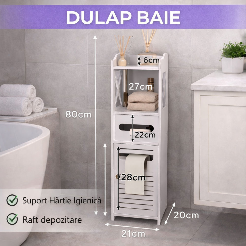 SMARTECH Dulap baie ingust, Suport hartie igienica, Raft Depozitare, 80 x 20 x 21 cm