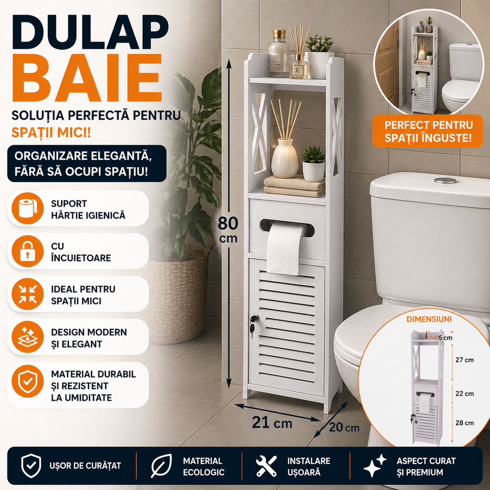 SMARTECH Dulap baie ingust, Suport hartie igienica, Raft Depozitare, 80 x 20 x 21 cm