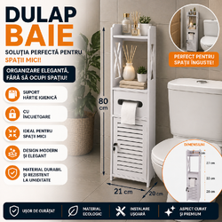 Dulap baie ingust, Suport hartie igienica, Raft Depozitare, 80 x 20 x 21 cm
