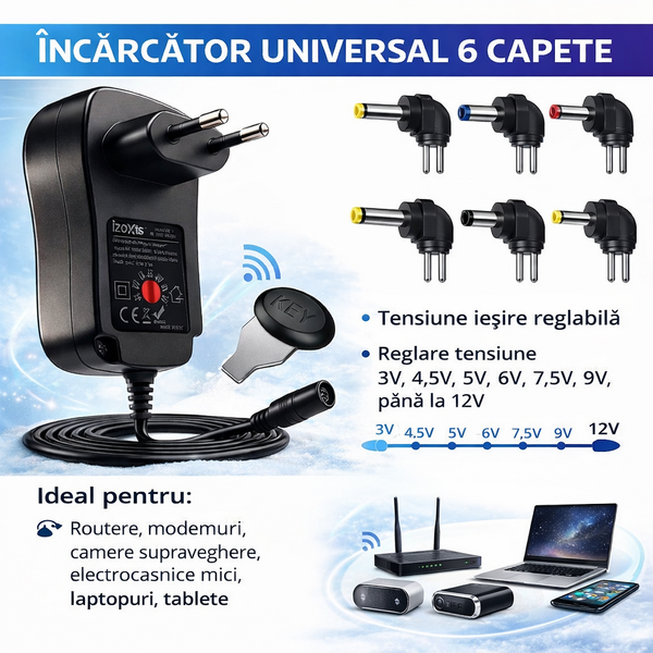 Incarcator universal 30W, 6 capete interschimbabile, 150cm cablu, 3V-12V, USB