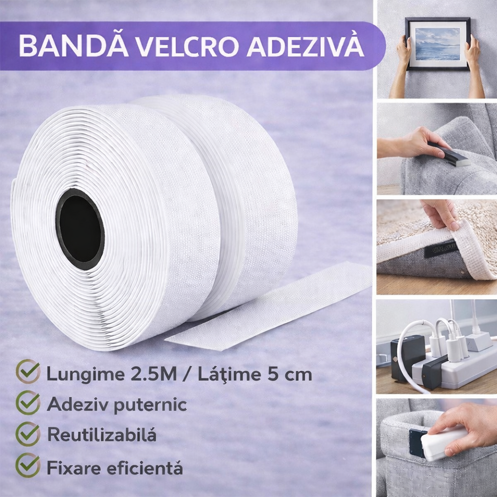 SMARTECH Banda velcro adeziva, Banda cu scai si adeziv, Reutilizabila, Latime 2.5 cm, Lungime 5 m, Alb