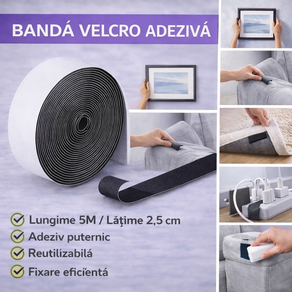 SMARTECH Banda velcro adeziva, Banda cu scai si adeziv, Reutilizabila, Latime 2.5 cm, Lungime 5 m