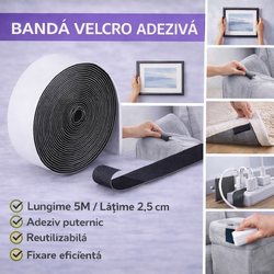 Banda velcro adeziva, Banda cu scai si adeziv, Reutilizabila, Latime 2.5 cm, Lungime 5 m