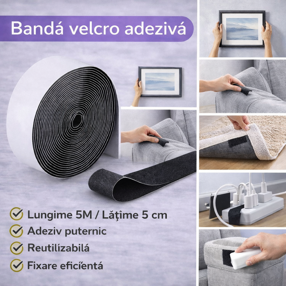 SMARTECH Banda velcro adeziva, Banda cu scai si adeziv, Reutilizabila, Latime 5 cm, Lungime 5 m