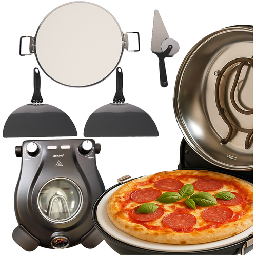 Cuptor electric pentru pizza, Reglabil, 1200W, Maxim 450 grade Celsius, Timer 15 Min, Piatra ceramica cu manere, 2 spatule, Cutit