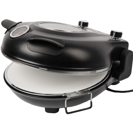 Cuptor electric pentru pizza, Reglabil, 1200W, Maxim 450 grade Celsius, Timer 15 Min, Piatra ceramica cu manere, 2 spatule, Cutit