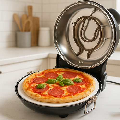Cuptor electric pentru pizza, Reglabil, 1200W, Maxim 450 grade Celsius, Timer 15 Min, Piatra ceramica cu manere, 2 spatule, Cutit