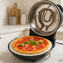 Cuptor electric pentru pizza, Reglabil, 1200W, Maxim 450 grade Celsius, Timer 15 Min, Piatra ceramica cu manere, 2 spatule, Cutit