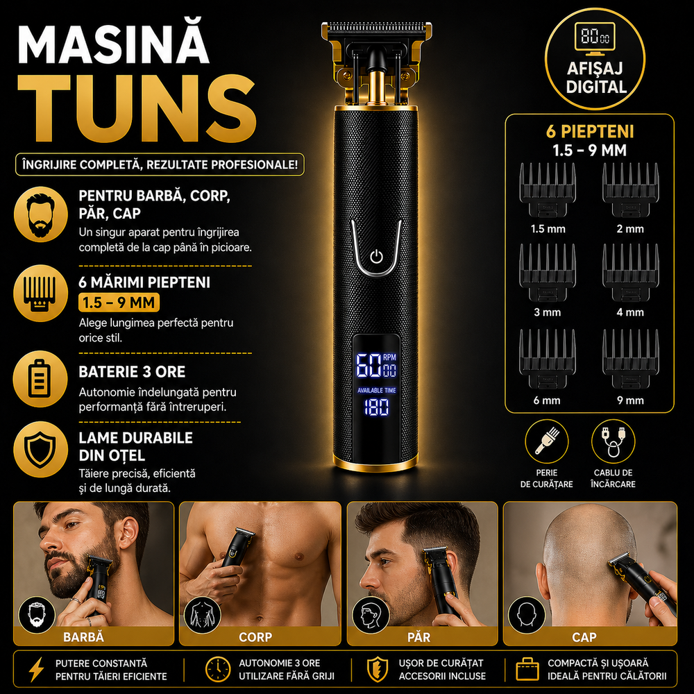 SMARTECH Masina Profesionala de Tuns Barba Si Contur, Fara Fir, Marimi Reglabile, Lama Inox, Negru