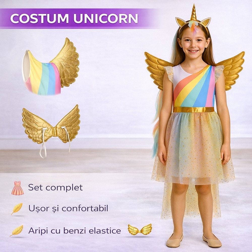 SMARTECH Costum De Halloween Pentru Copii, Unicorn, Marime 130-140, 6-8 Ani, Tinuta Completa, Material Moale, Aspect Atractiv, Universal