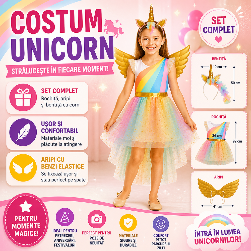 SMARTECH Costum De Halloween Pentru Copii, Unicorn, Marime 130-140, 6-8 Ani, Tinuta Completa, Material Moale, Aspect Atractiv, Universal