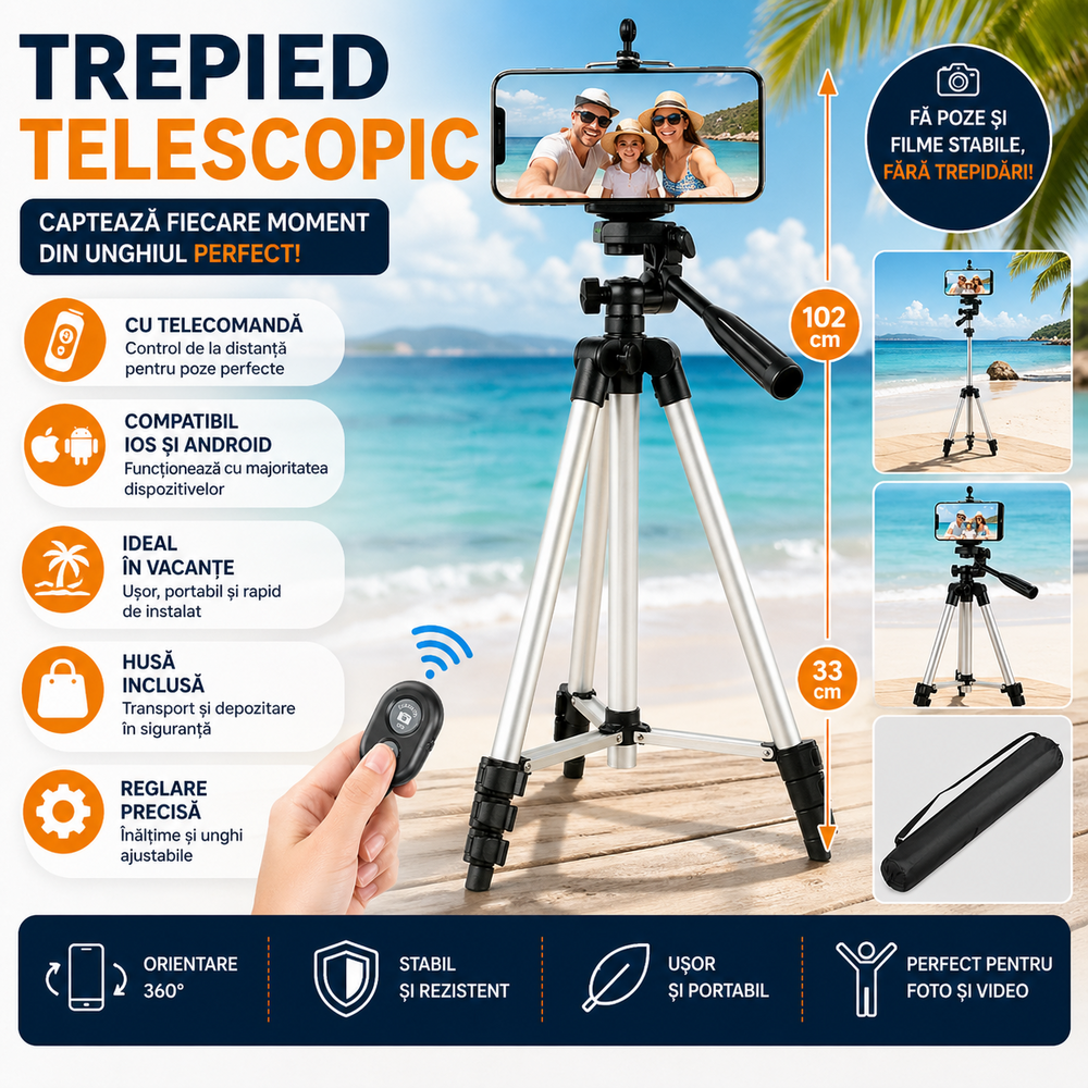 SMARTECH Trepied pentru Smartphone telescopic, Cu Telecomanda, Compatibil Android si IOS nivela si husa inclusa