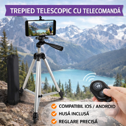 Trepied pentru Smartphone telescopic, Cu Telecomanda, Compatibil Android si IOS nivela si husa inclusa