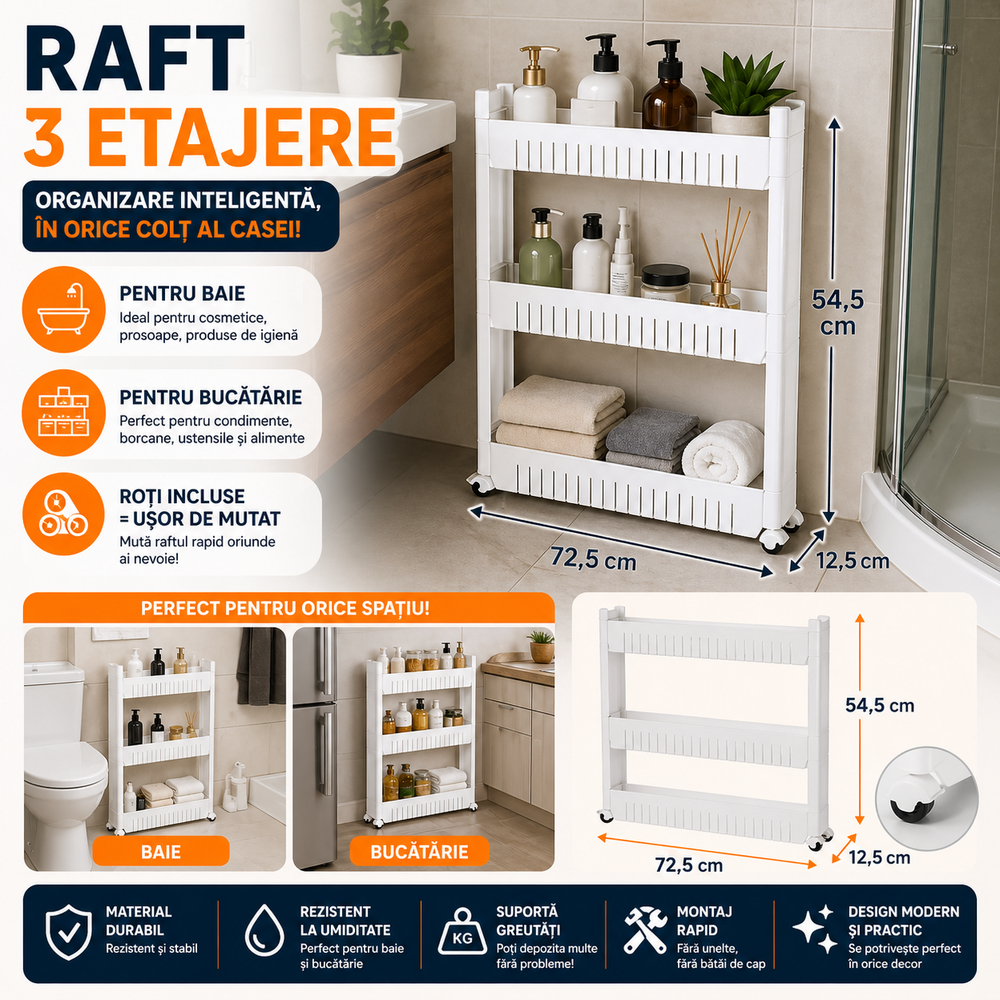 SMARTECH Raft de bucatarie sau baie, Mobil pe roti, Usor de asamblat si mutat, Universal, 3 nivele, Alb