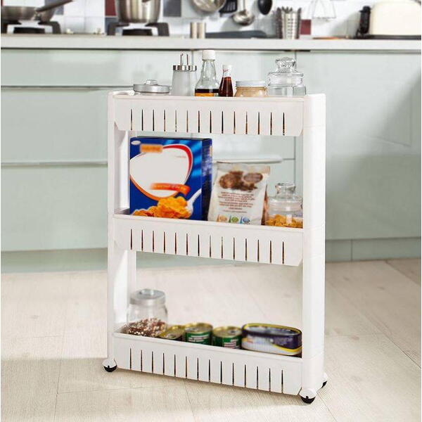 Raft de bucatarie sau baie, Mobil pe roti, Usor de asamblat si mutat, Universal, 3 nivele, Alb