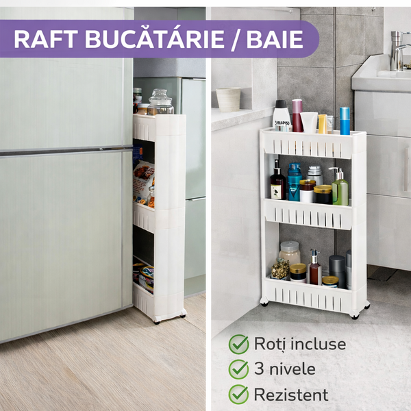 Raft de bucatarie sau baie, Mobil pe roti, Usor de asamblat si mutat, Universal, 3 nivele, Alb