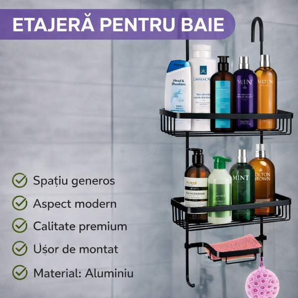 Etajera pentru Baie - Din Aluminiu, Montare prin Suspendare, 3 Compartimente, Negru