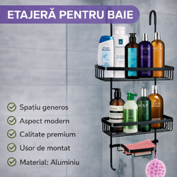 Etajera pentru Baie - Din Aluminiu, Montare prin Suspendare, 3 Compartimente, Negru
