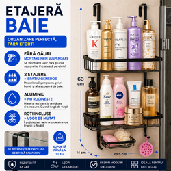 Etajera pentru Baie - Din Aluminiu, Montare prin Suspendare, 3 Compartimente, Negru