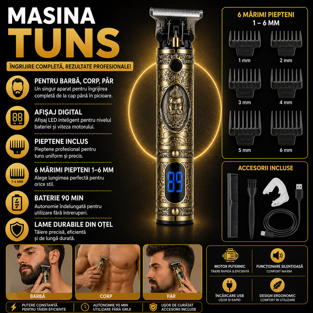 SMARTECH Masina de Tuns Barba Si Contur, 4 in 1, Afisaj Electronic - Incarcare USB, Autonomie 90 Min, Lama Otel, Auriu