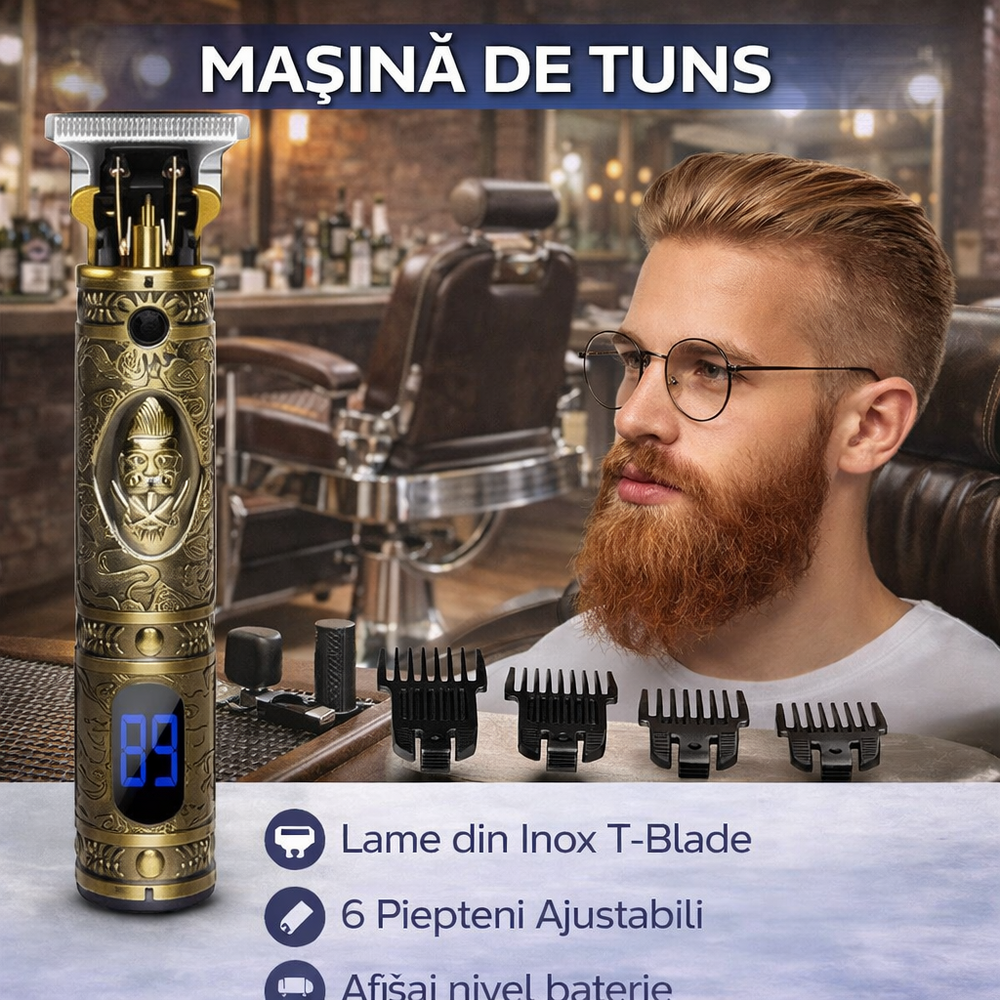 SMARTECH Masina de Tuns Barba Si Contur, 4 in 1, Afisaj Electronic - Incarcare USB, Autonomie 90 Min, Lama Otel, Auriu