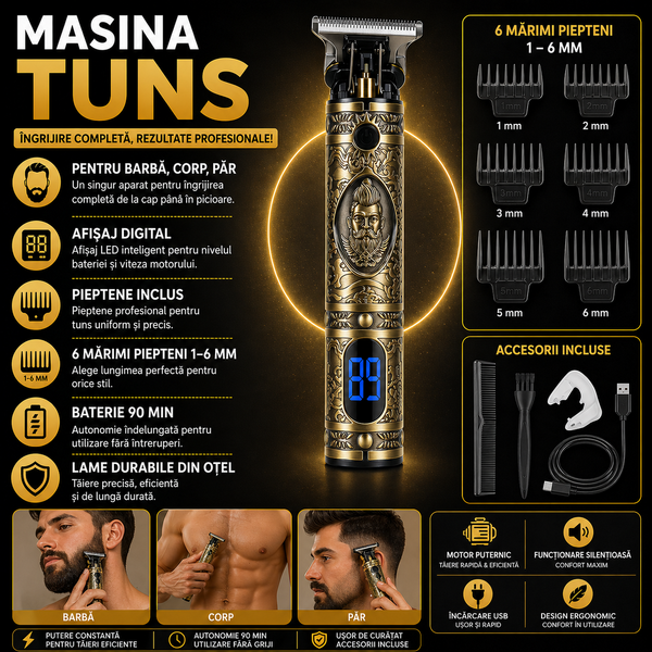Masina de Tuns Barba Si Contur, 4 in 1, Afisaj Electronic - Incarcare USB, Autonomie 90 Min, Lama Otel, Auriu