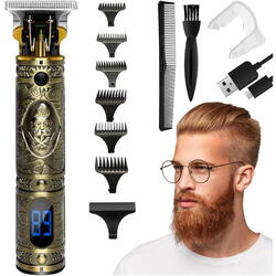 Masina de Tuns Barba Si Contur, 4 in 1, Afisaj Electronic - Incarcare USB, Autonomie 90 Min, Lama Otel, Auriu