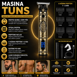 Masina de Tuns Barba Si Contur, 4 in 1, Afisaj Electronic - Incarcare USB, Autonomie 90 Min, Lama Otel, Auriu