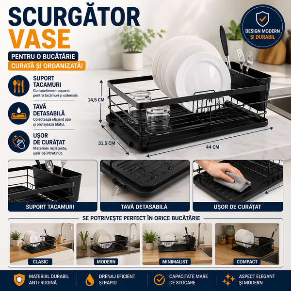 Scurgator de Vase cu Suport Tacamuri si Pahare, Tavita Scurgere, Inox, Negru, 44 x 31.5 x 14.5 cm