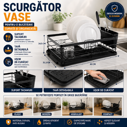 Scurgator de Vase cu Suport Tacamuri si Pahare, Tavita Scurgere, Inox, Negru, 44 x 31.5 x 14.5 cm