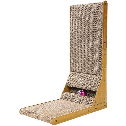 Zgarietor pentru pisici, Ansamblu de joaca pentru pisici orizontal si vertical tip carton de zgariat cu jucarie interactiva incorporata, model in forma de L, fabricat din materiale durabile si non-toxice, Maro