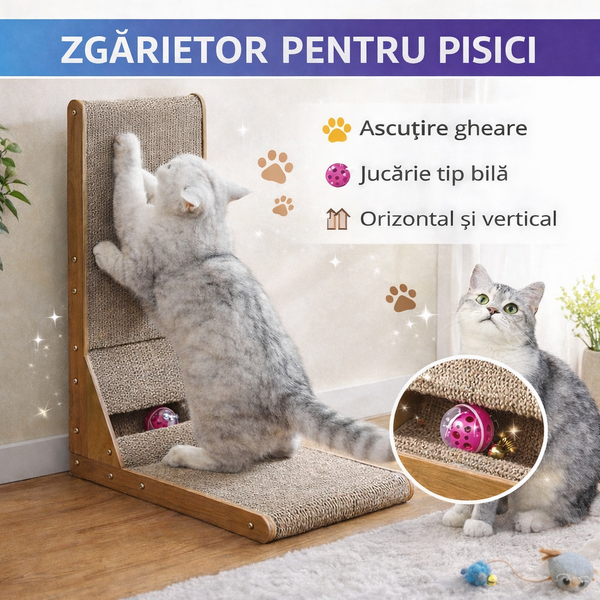 Zgarietor pentru pisici, Ansamblu de joaca pentru pisici orizontal si vertical tip carton de zgariat cu jucarie interactiva incorporata, model in forma de L, fabricat din materiale durabile si non-toxice, Maro