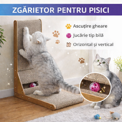 Zgarietor pentru pisici, Ansamblu de joaca pentru pisici orizontal si vertical tip carton de zgariat cu jucarie interactiva incorporata, model in forma de L, fabricat din materiale durabile si non-toxice, Maro
