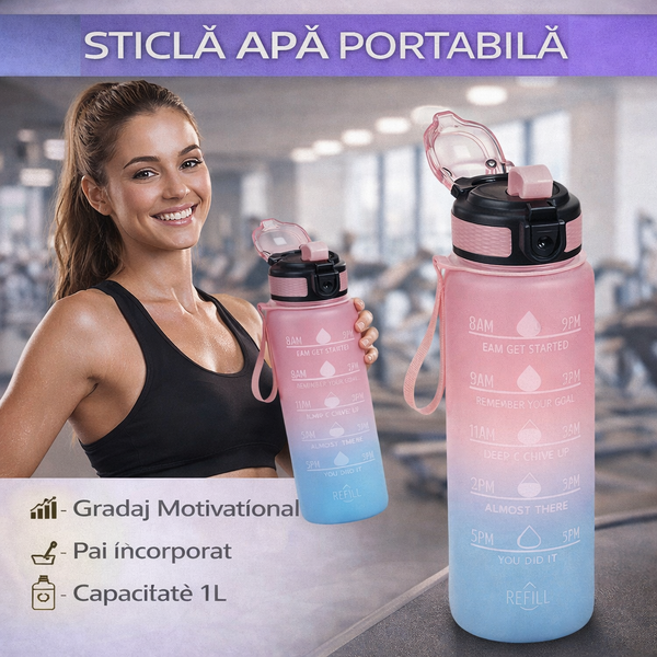Sticla portabila de apa, Pai incorporat, Ergonomica, Gradata Motivational, Maner practic, Deschidere larga, 1L, Multicolor