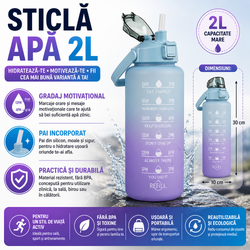 Sticla portabila de apa, Pai incorporat, Ergonomica, Gradata Motivational, Maner practic, Deschidere larga, 2L, Multicolor