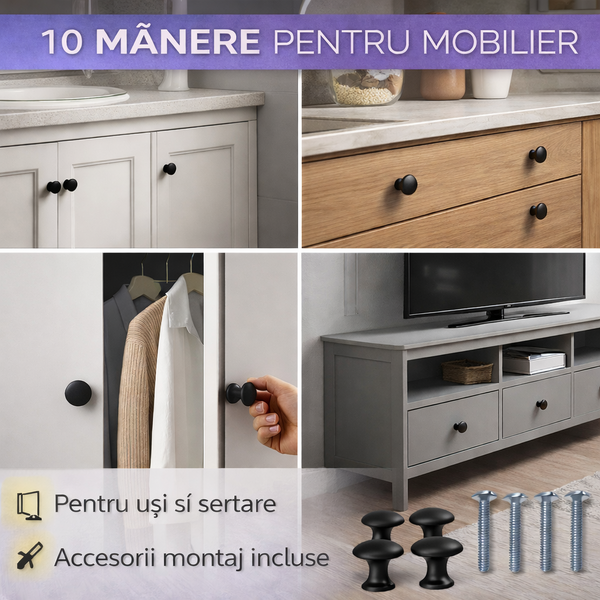 Set 10 manere pentru mobilier, Versatile, Pentru usi si sertare, Accesorii montare incluse, 3 x 2.6 cm, Negru mat