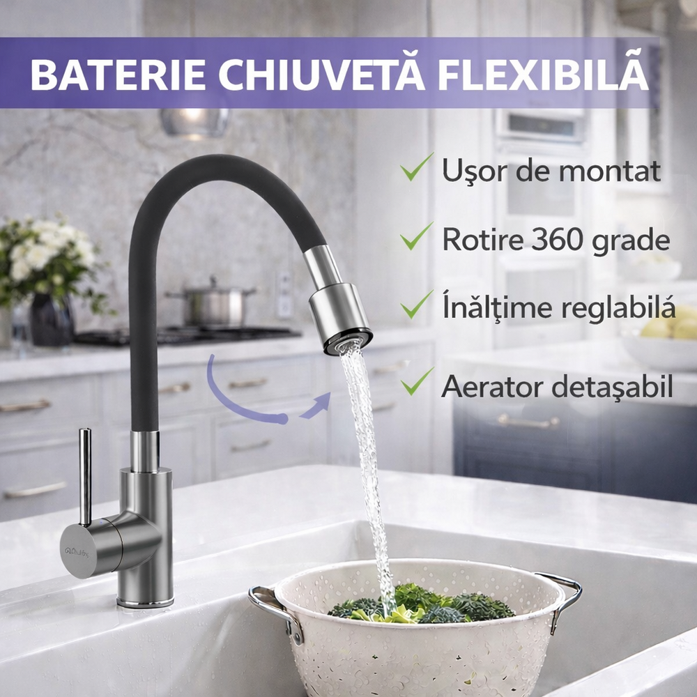 SMARTECH Baterie flexibila pentru chiuveta bucatarie, Rotire 360 grade, Inaltime reglabila, Silicon, Otel, PVC