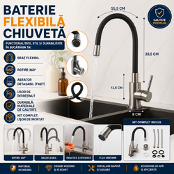 Baterie flexibila pentru chiuveta bucatarie, Rotire 360 grade, Inaltime reglabila, Silicon, Otel, PVC