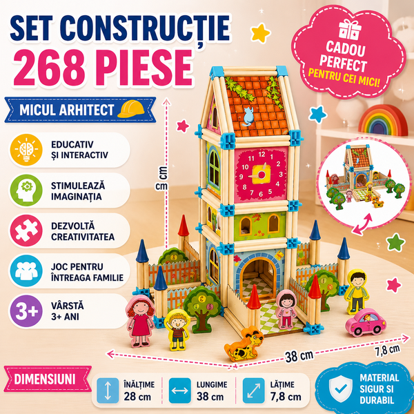 Set constructie din lemn cu 268 piese pentru copii, Micul Arhitect, Educativ si interactiv