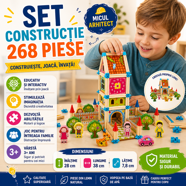 Son and daughter 2点set Set constructie din lemn cu 268 piese pentru copii, Micul Arhitect