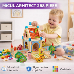 Set constructie din lemn cu 268 piese pentru copii, Micul Arhitect, Educativ si interactiv
