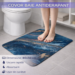 Covoras de baie antiderapant, Absorbant, Uscare rapida, Din spuma poliuretanica si microfibra moale, Covor modern pentru dus, Cada, Lavoar sau toaleta, Albastru, 80 x 50 cm