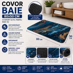 Covoras de baie antiderapant, Absorbant, Uscare rapida, Din spuma poliuretanica si microfibra moale, Covor modern pentru dus, Cada, Lavoar sau toaleta, Albastru, 80 x 50 cm