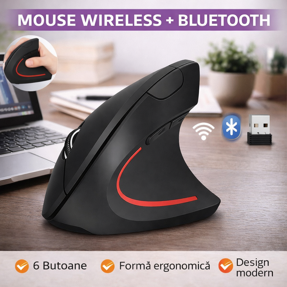 SMARTECH Mouse Ergonomic, Mouse Vertical Wireless Bluetooth (Bt 5.0 + Bt 3.0 + 2.4G), 3 Niveluri De Ajustare Pana La 1200 Dpi, Mouse Wireless Optic Silentios Pentru Laptop/Pc/Mac/Tableta/Ipad (Win/Android/Ios), 6 Butoane